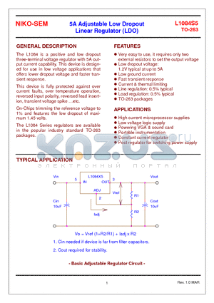 L1084S5 datasheet - 5A Adjustable Low Dropout Linear Regulator (LDO)