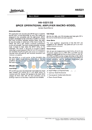 HA5221 datasheet - HA-5221/22 SPICE OPERATIONAL AMPLIFIER MACRO-MODEL