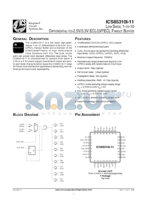 ICS85310AI11L datasheet - LOW SKEW, 1-TO-10 DIFFERENTIAL-TO-2.5V/3.3V ECL/LVPECL FANOUT BUFFER