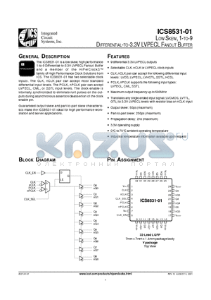 ICS8531-01 datasheet - LOW SKEW, 1-TO-9 DIFFERENTIAL-TO-3.3V LVPECL FANOUT BUFFER