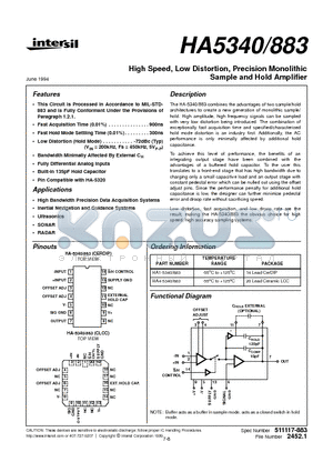 HA5340/883 datasheet - High Speed, Low Distortion, Precision Monolithic Sample and Hold Amplifier