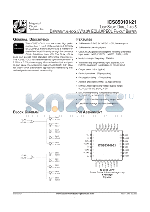 ICS85310AYI-21 datasheet - LOW SKEW, DUAL, 1-TO-5 DIFFERENTIAL-TO-2.5V/3.3V ECL/LVPECL FANOUT BUFFER