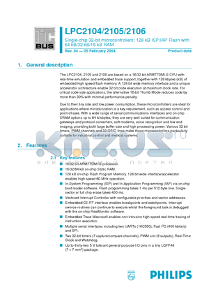 LPC2104BBD48 datasheet - Single-chip 32-bit microcontrollers; 128 kB ISP/IAP Flash with 64 kB/32 kB/16 kB RAM