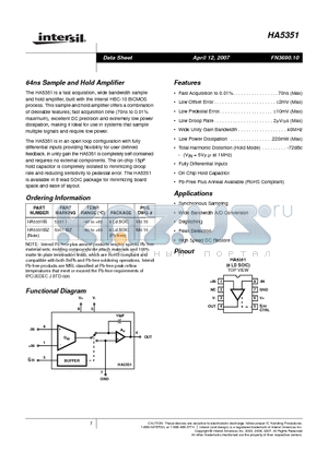 HA5351 datasheet - 64ns Sample and Hold Amplifier