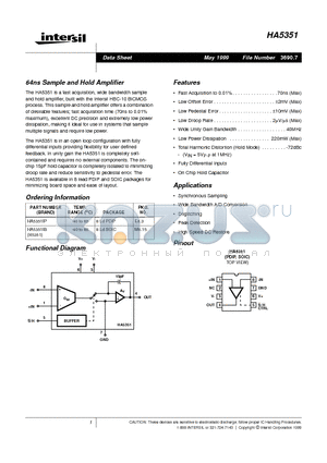 HA5351IP datasheet - 64ns Sample and Hold Amplifier