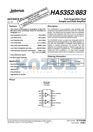 HA5352/883 datasheet - Fast Acquisition Dual Sample and Hold Amplifier