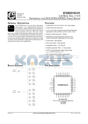 ICS85310AYI21 datasheet - LOW SKEW, DUAL, 1-TO-5 DIFFERENTIAL-TO-2.5V/3.3V ECL/LVPECL FANOUT BUFFER