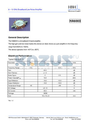 HA6003 datasheet - 6 - 13 GHz Broadband Low Noise Amplifier
