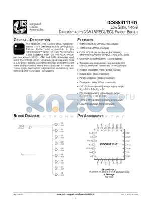 ICS853111-01 datasheet - LOW SKEW, 1-TO-9 DIFFERENTIAL-TO-3.3V LVPECL/ECL FANOUT BUFFER