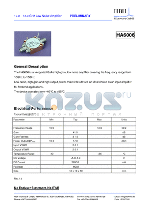 HA6006 datasheet - 10.0 - 13.0 GHz Low Noise Amplifier