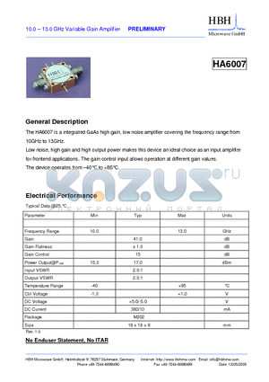 HA6007 datasheet - 10.0 - 13.0 GHz Variable Gain Amplifier