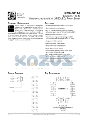 ICS853111A datasheet - LOW SKEW, 1-TO-10 DIFFERENTIAL-TO-2.5V/3.3V LVPECL/ECL FANOUT BUFFER