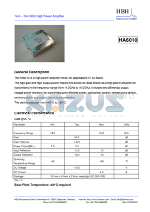 HA6010 datasheet - 14.0 - 16.0 GHz High Power Amplifier