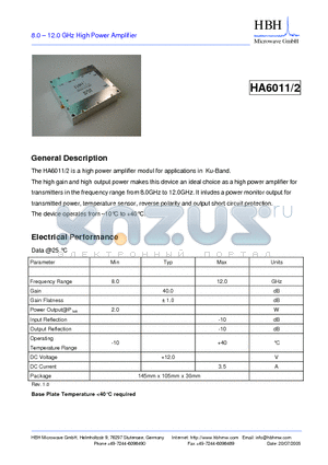 HA6011 datasheet - 8.0 - 12.0 GHz High Power Amplifier
