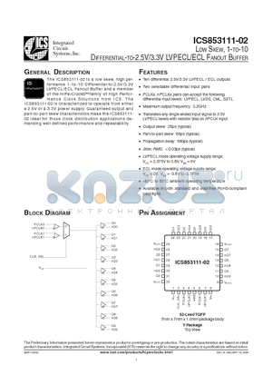 ICS853111A02L datasheet - LOW SKEW, 1-TO-10 DIFFERENTIAL-TO-2.5V/3.3V LVPECL/ECL FANOUT BUFFER