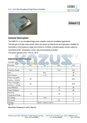 HA6012 datasheet - 2.0 - 18.0 GHz Broadband High Power Amplifier