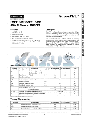 FCP11N60F datasheet - 600V N-Channel MOSFET