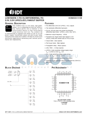 ICS853111BY datasheet - LOW SKEW, 1-TO-10, DIFFERENTIAL-TO- 2.5V, 3.3V LVPECL/ECL FANOUT BUFFER