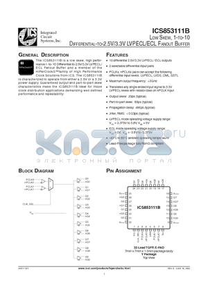 ICS853111BYLF datasheet - LOW SKEW, 1-TO-10 DIFFERENTIAL-TO-2.5V/3.3V LVPECL/ECL FANOUT BUFFER