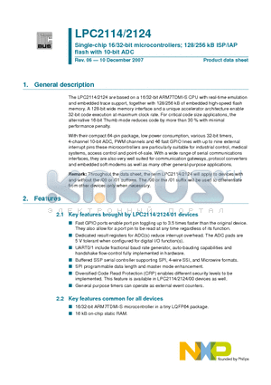 LPC2124FBD64/01 datasheet - Single-chip 16/32-bit microcontrollers; 128/256 kB ISP/IAP flash with 10-bit ADC