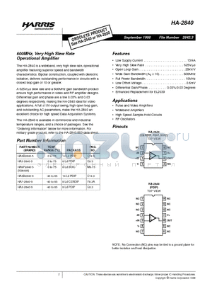 HA7-2840-9 datasheet - 600MHz, Very High Slew Rate Operational Amplifier