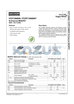 FCP13N60N datasheet - N-Channel MOSFET 600V, 13A, 0.258Y