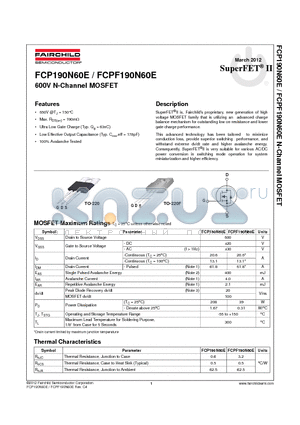 FCP190N60E datasheet - 600V N-Channel MOSFET