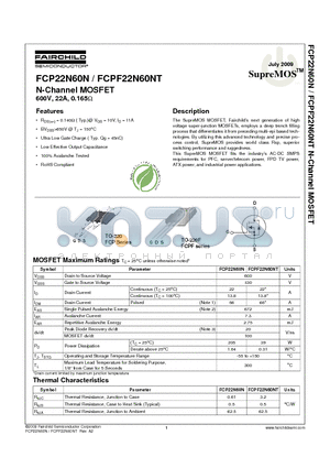 FCP22N60N datasheet - N-Channel MOSFET 600V, 22A, 0.165W