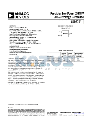 ADR370ART-R2 datasheet - Precision Low Power 2.048 V SOT-23 Voltage Reference