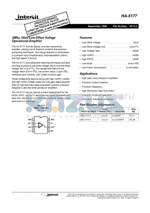 HA7-5177-5 datasheet - 2MHz, Ultra-Low Offset Voltage Operational Amplifier