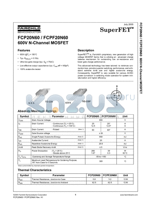 FCP20N60 datasheet - 600V N-Channel MOSFET