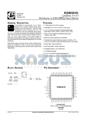 ICS8532AY-01 datasheet - LOW SKEW, 1-TO-17 DIFFERENTIAL-TO-3.3V LVPECL FANOUT BUFFER