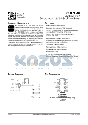 ICS8533AG-01T datasheet - LOW SKEW, 1-TO-4 DIFFERENTIAL-TO-3.3V LVPECL FANOUT BUFFER