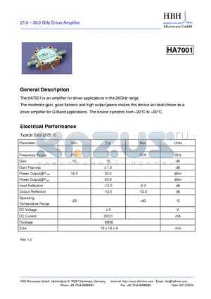 HA7001 datasheet - 21.0 - 30.0 GHz Driver Amplifier