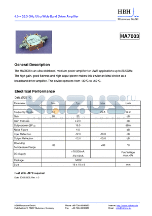 HA7003 datasheet - 4.0 - 26.5 GHz Ultra Wide Band Driver Amplifier