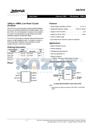HA7210 datasheet - 10kHz to 10MHz, Low Power Crystal Oscillator