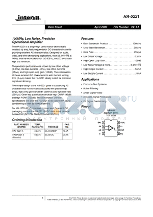 HA7-5221-5 datasheet - 100MHz, Low Noise, Precision Operational Amplifier