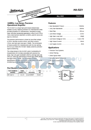 HA7-5221-5 datasheet - 100MHz, Low Noise, Precision Operational Amplifier