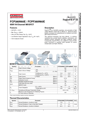 FCP380N60E datasheet - 600V N-Channel MOSFET