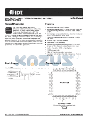 ICS8534AY-01LFT datasheet - LOW SKEW, 1-TO-22 DIFFERENTIAL-TO-3.3V LVPECL FANOUT BUFFER