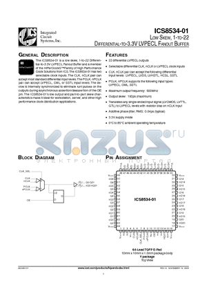 ICS8534AY-01T datasheet - LOW SKEW, 1-TO-22 DIFFERENTIAL-TO-3.3V LVPECL FANOUT BUFFER