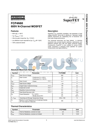 FCP4N60 datasheet - 600V N-Channel MOSFET