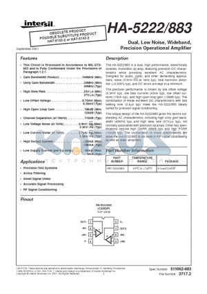 HA7-5222/883 datasheet - Dual, Low Noise, Wideband, Precision Operational Amplifier