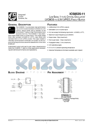ICS8535-11 datasheet - LOW SKEW, 1-TO-4, CRYSTAL OSCILLATOR/ LVCMOS-TO-3.3V LVPECL FANOUT BUFFER