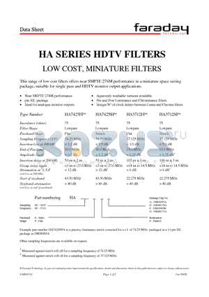 HA7425SP datasheet - HA SERIES HDTV FILTERS