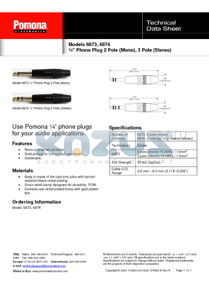 6874 datasheet - l Phone Plug 2 Pole (Mono), 3 Pole (Stereo)