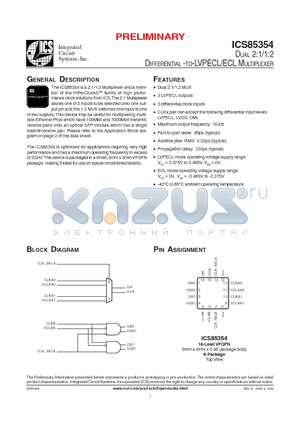 ICS85354AKT datasheet - DUAL 2:1/1:2 DIFFERENTIAL -TO-LVPECL/ECL MULTIPLEXER