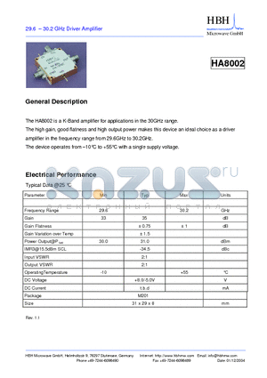 HA8002 datasheet - 29.6 - 30.2 GHz Driver Amplifier