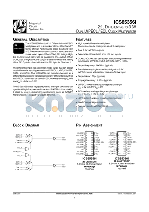 ICS85356AGILFT datasheet - 2:1, DIFFERENTIAL-TO-3.3V DUAL LVPECL / ECL CLOCK MULTIPLEXER