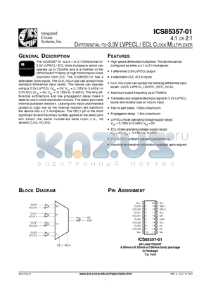 ICS85357AG-01 datasheet - 4:1 OR 2:1 DIFFERENTIAL-TO-3.3V LVPECL / ECL CLOCK MULTIPLEXER